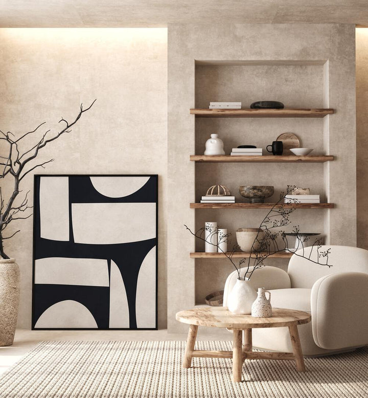 Explore the elegance of CURVED SHAPES II, GEOMETRIC ART PRINTS in a stylish living space with modern decor.