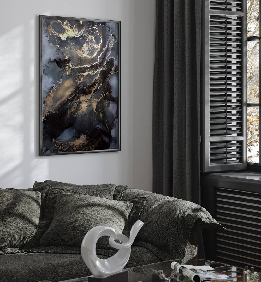 Stylish living room featuring METALLIC FIRESTORM, ABSTRACT PAINTINGS on the wall, enhancing modern decor.