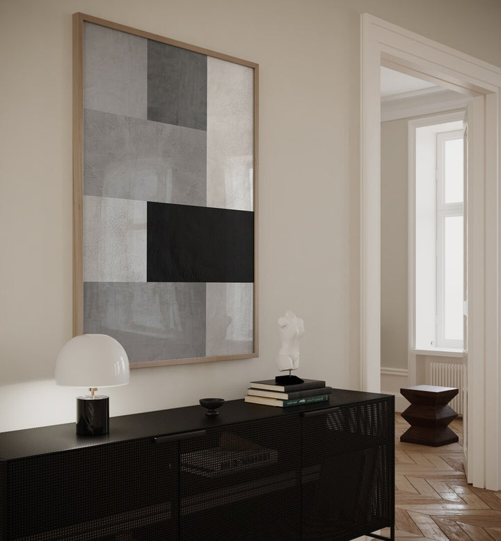 Sophisticated GRAY TEXTURES IV, GEOMETRIC ART PRINTS displayed elegantly in a modern interior setting.