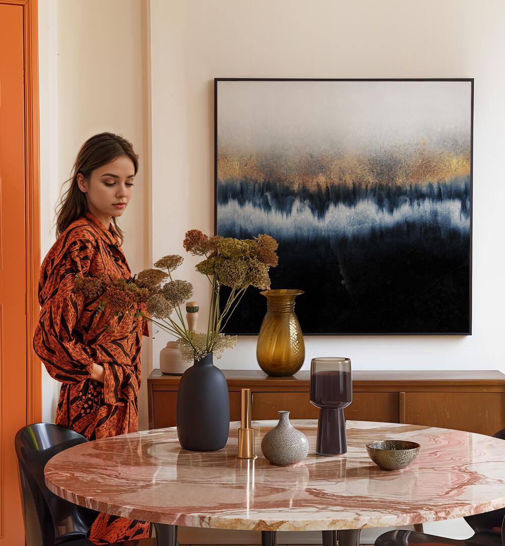 Elegant interior featuring GOLDEN HORIZON III, ABSTRACT PAINTINGS, enhancing the sophisticated decor with luxury.