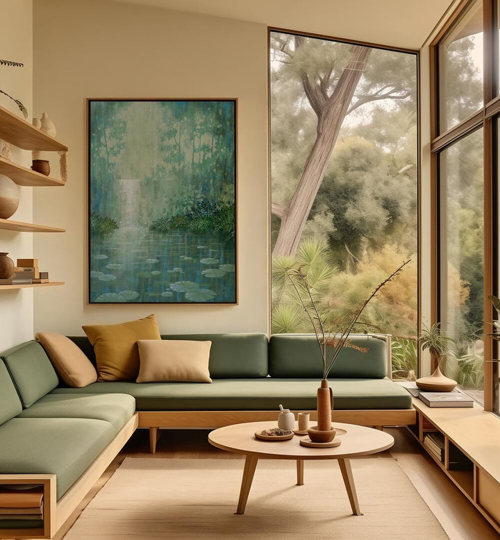 Serene WATERLILY POND, LANDSCAPE PAINTINGS enhance this modern living space with tranquility and charm.