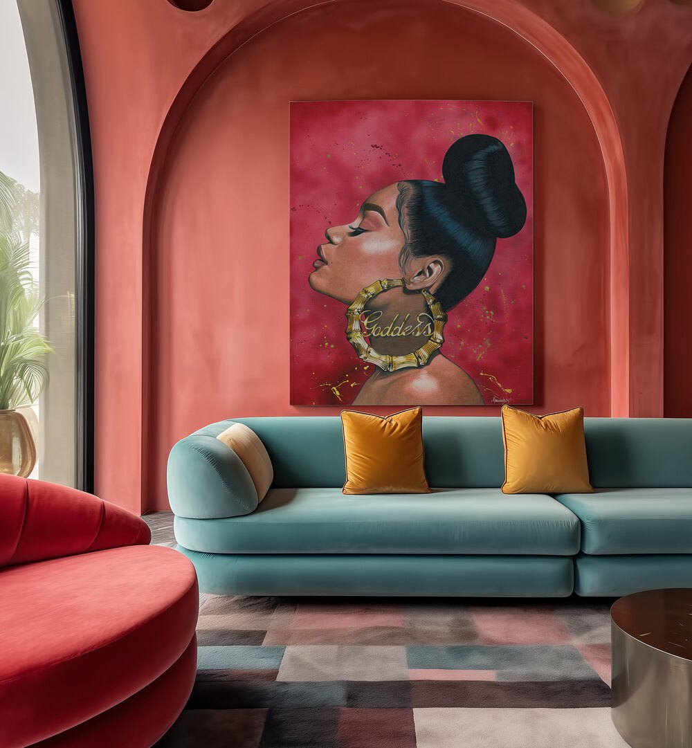 GODDESS, AFRICAN ART PAINTINGS adorns a stylish room, showcasing elegance and cultural beauty. Perfect for any space!