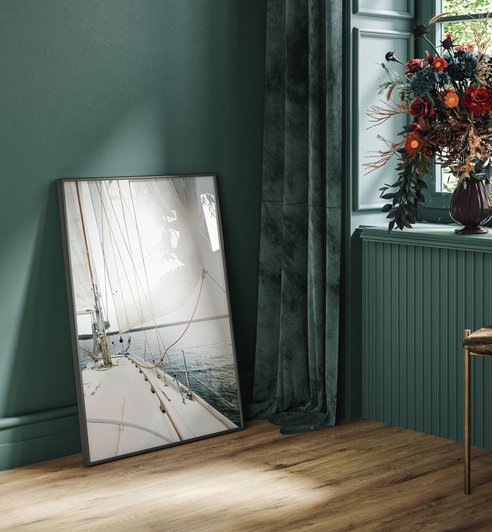 Elegant SALE AWAY, BEACH PAINTINGS art piece leaning against a wall, enhancing your coastal-inspired decor.