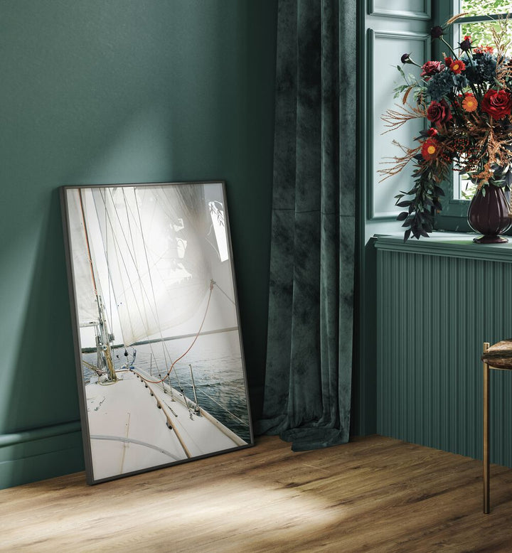 Elegant SALE AWAY, BEACH PAINTINGS art piece leaning against a wall, enhancing your coastal-inspired decor.