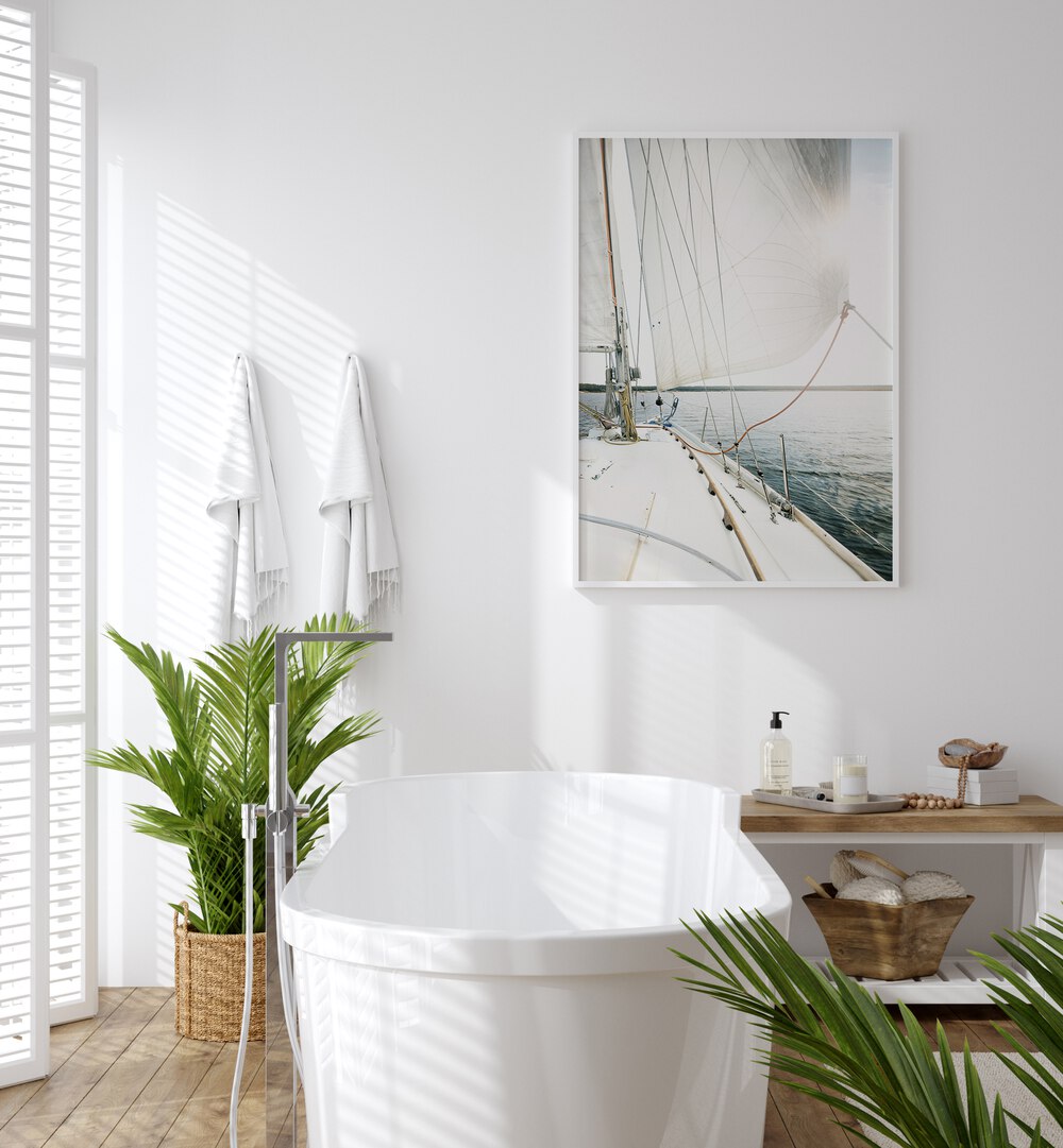 Bright and serene bathroom showcasing SALE AWAY, BEACH PAINTINGS, perfect for a relaxing vibe in your home.