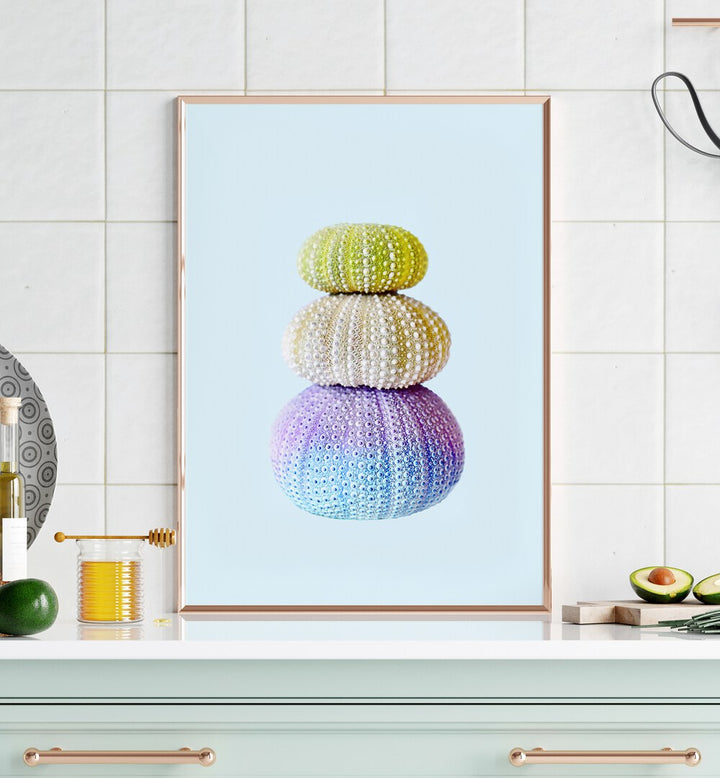 Colorful SEA URCHINS displayed in a stunning BEACH PAINTING, perfect for ocean-inspired decor.
