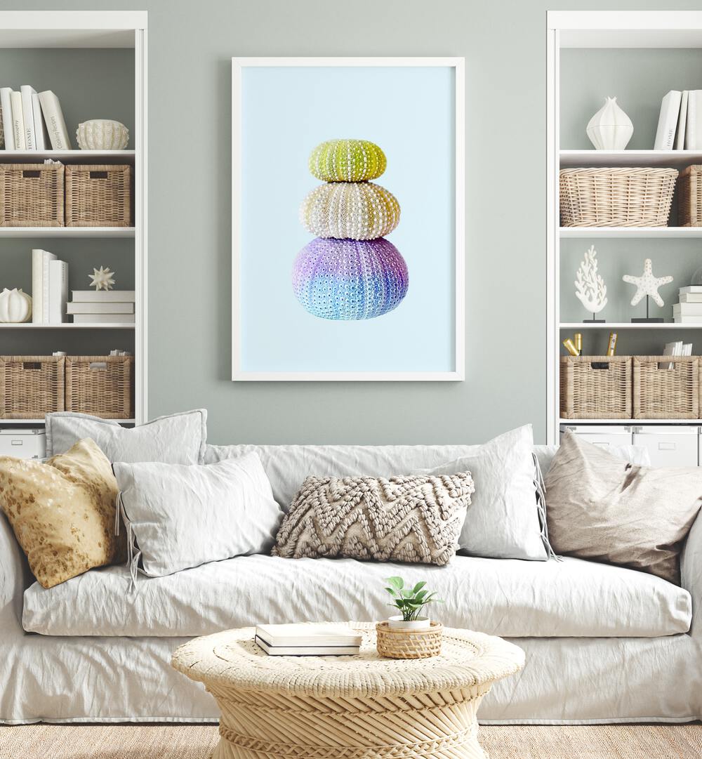 Colorful SEA URCHINS, BEACH PAINTINGS enhance coastal decor, showcasing ocean treasures in a stylish living room setting.