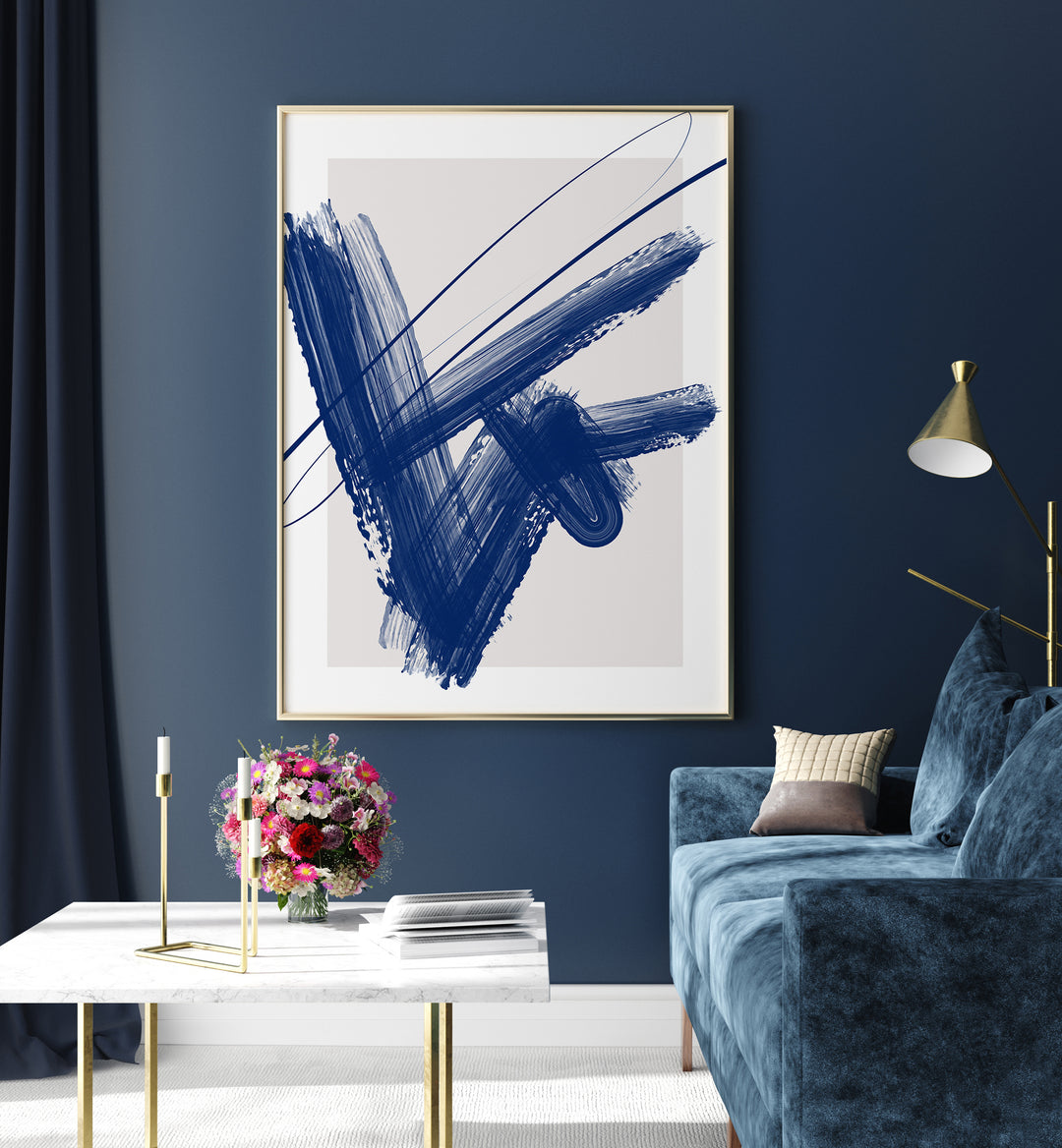 Elegant BLUE INK, ABSTRACT PAINTINGS by Elena Ristova, showcasing bold strokes on a soft backdrop, perfect for any space.