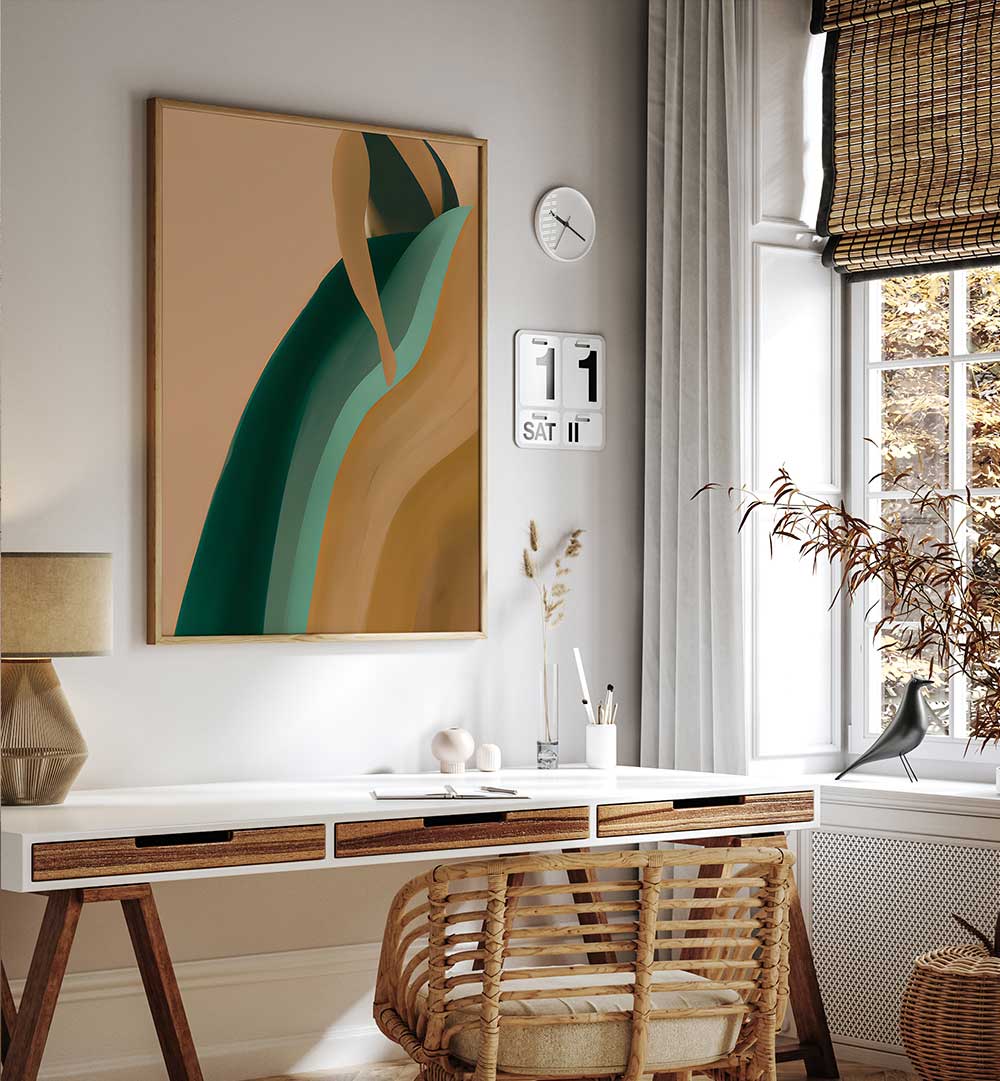 EARTHY DRESS, FASHION POSTERS with natural tones brighten a stylish workspace featuring rattan and wooden decor.