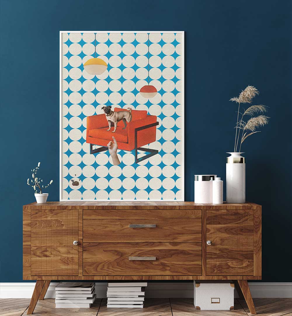 Surreal art print "IT WAS YOU" featuring a dog on a red couch, perfect for modern home decor.