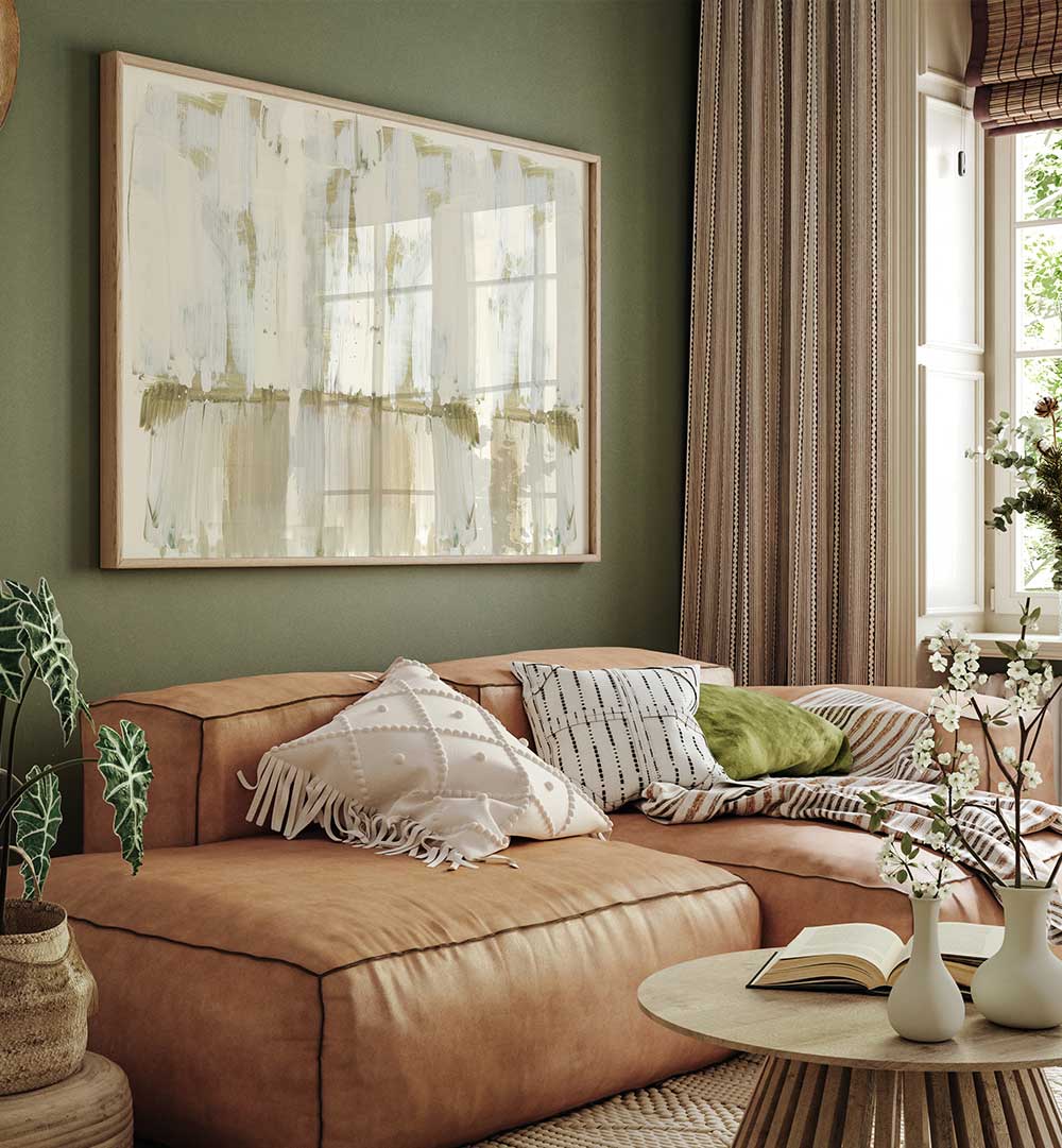 Vibrant BLANCHED ALMONDS III, ABSTRACT PAINTINGS enrich this cozy living space with captivating colors and charm.