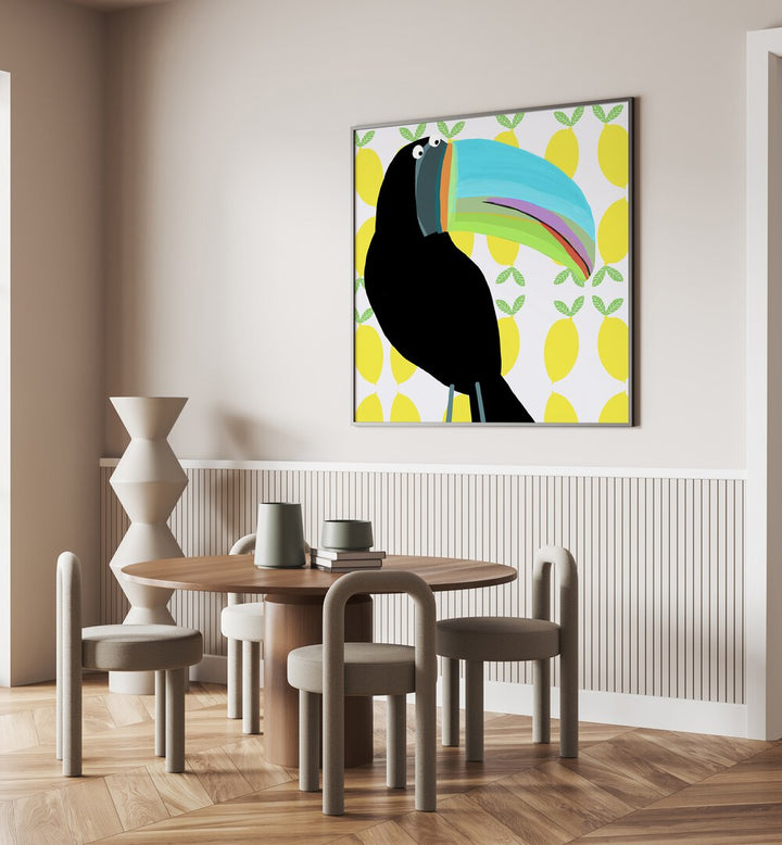 Tropical Toucan Bird With Lemon Pattern Background By Carla Daly Kids Room Art   placed on a wall