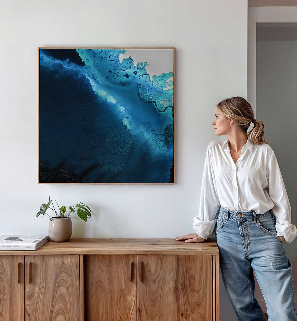 Elevate your space with MARITIME MAJESTY, ABSTRACT PAINTINGS, showcasing stunning oceanic hues and elegant design.