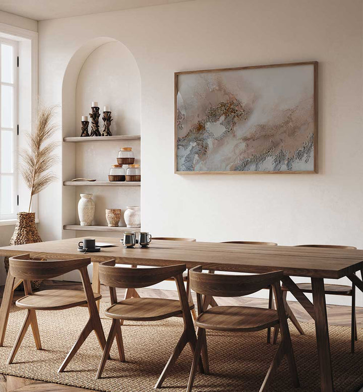 Stunning ENCOUNTER, ABSTRACT PAINTINGS enhance a modern dining area with captivating colors and textures.