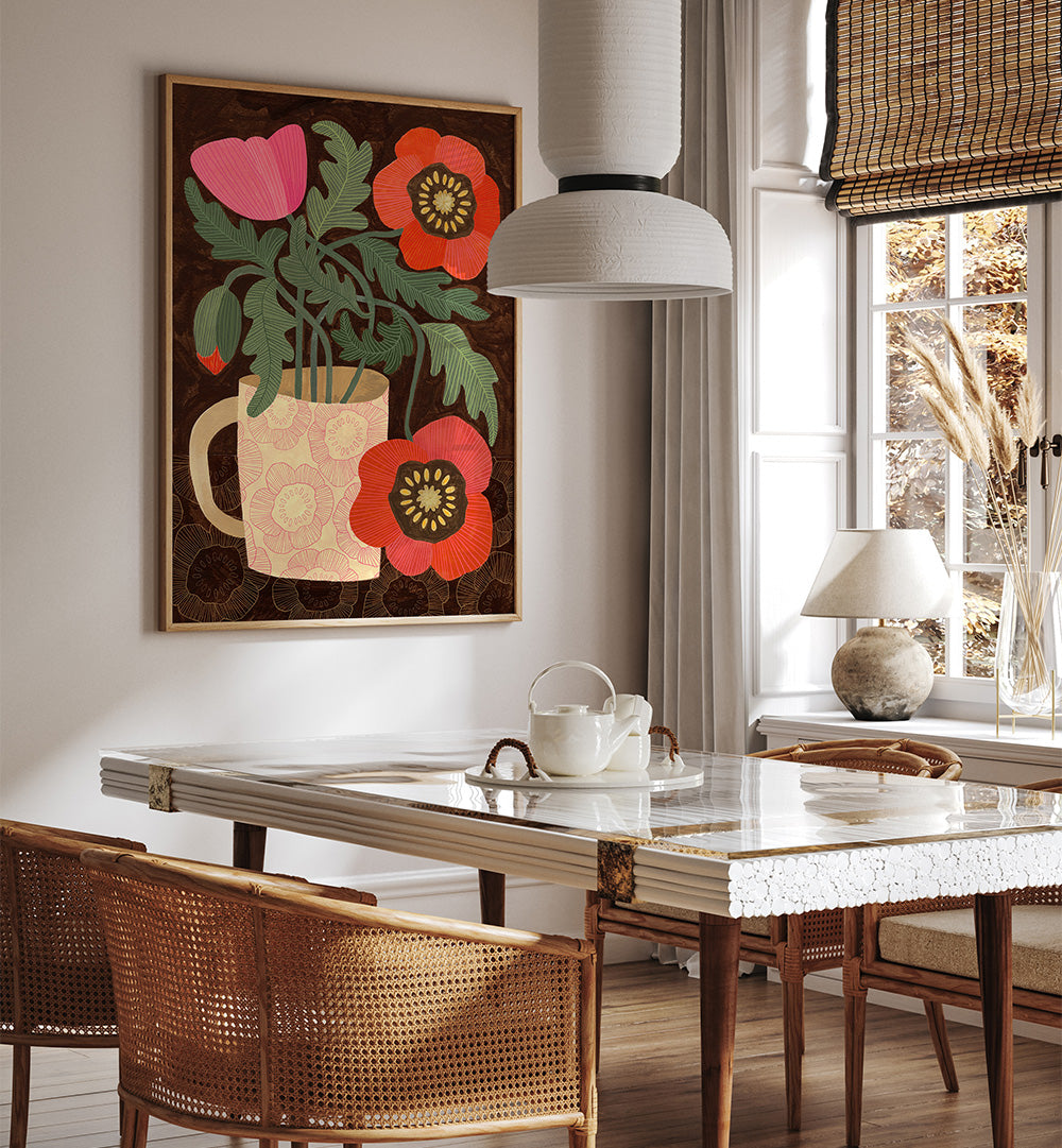 RED POPPIES IN A MUG , FLORAL FLOWER PAINTINGS