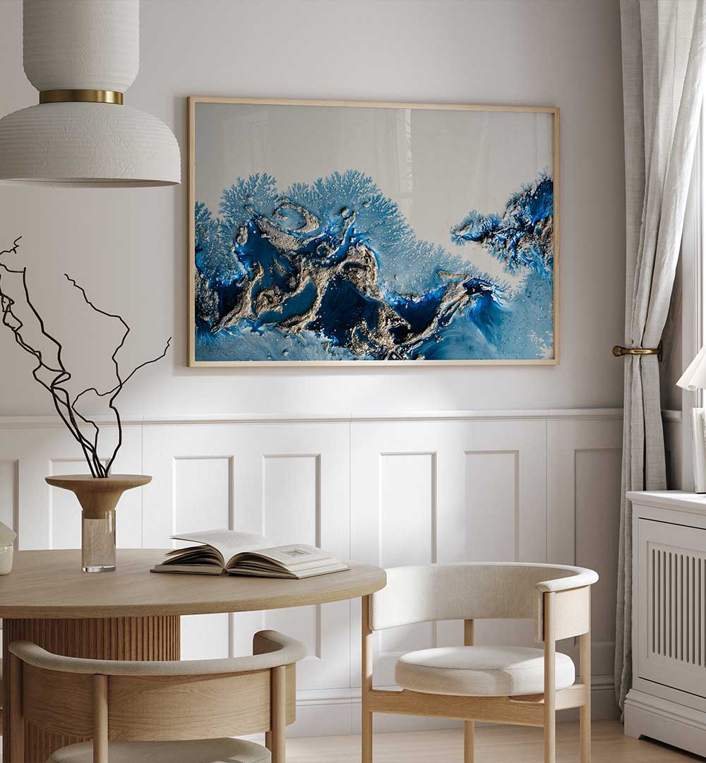 Stunning WONDERING WATERS, ABSTRACT PAINTINGS in a modern space, evoking emotion and inspiring creativity.