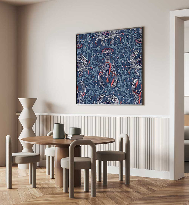 Vibrant LOBSTER AND CRAB NOSTALGIA I beach painting enhancing a modern dining space with coastal charm.