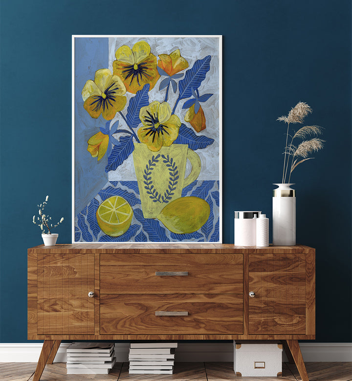 YELLOW PANSIES AND LEMONS , FLORAL FLOWER PAINTINGS