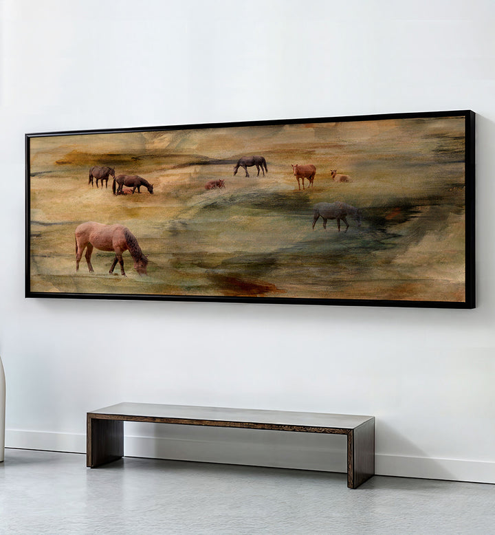 HORSES GRAZING , PANORAMIC ART