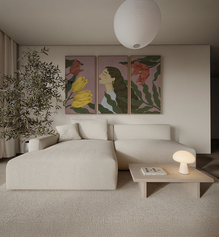 WOMAN SURRONDED BY NATURE , SET OF 3 PAINTINGS
