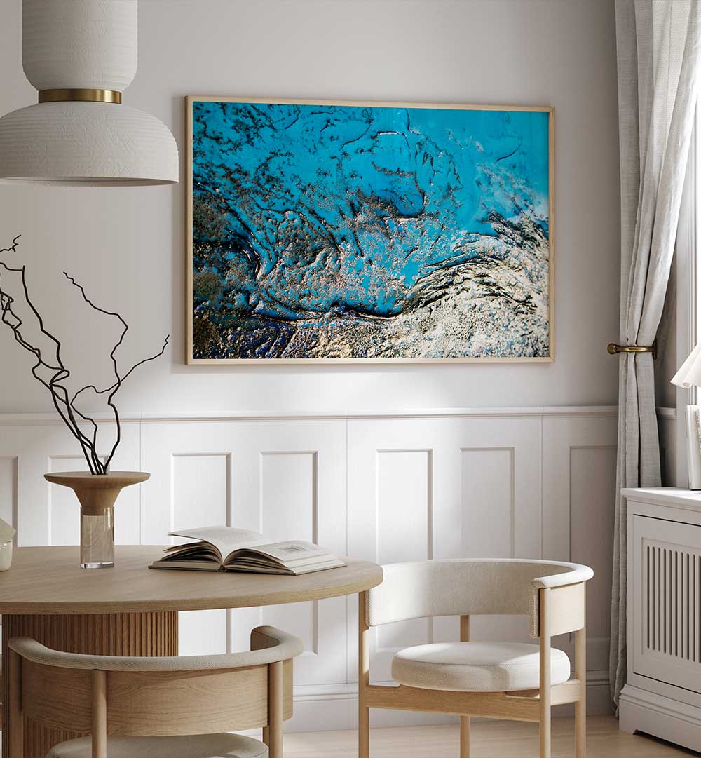 Stunning SEA AND SKY, ABSTRACT PAINTINGS adorn a modern room, enhancing your space with vibrant colors and textures.