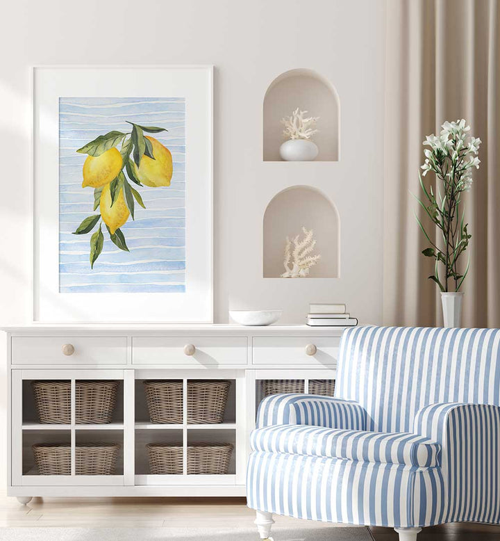 LEMONS ON STRIPES WATERCOLOR , KITCHEN POSTERS