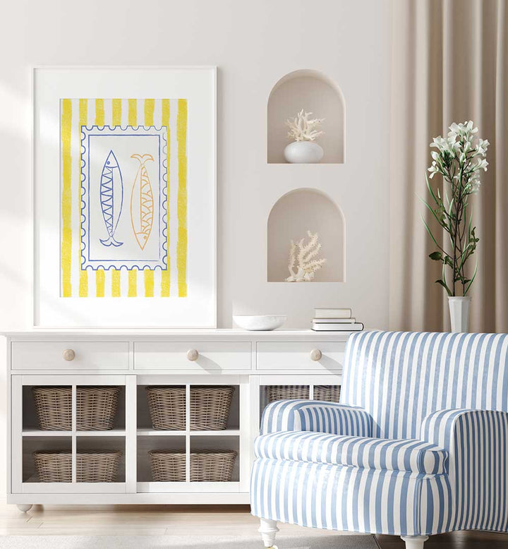 FISH STAMP ON YELLOW STRIPES , KITCHEN POSTERS