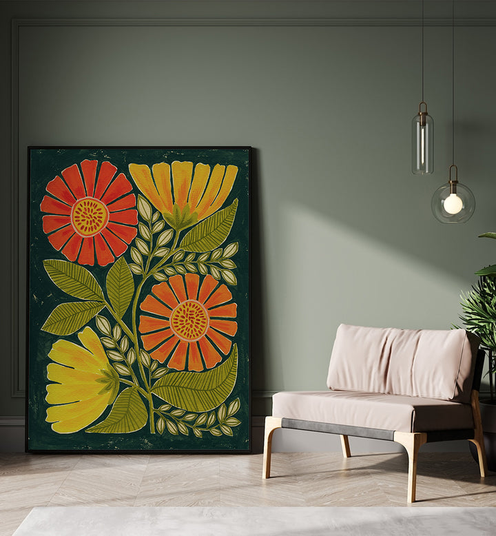 VIBRANT ORANGE AND YELLOW FLOWERS , FLORAL FLOWER PAINTINGS