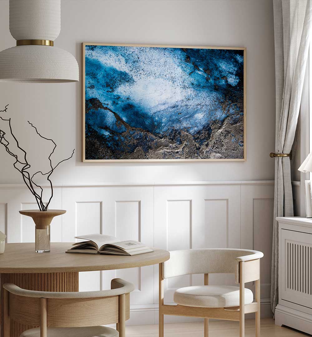 Vibrant OCEANIC CONECTING, ABSTRACT PAINTINGS enhancing a stylish living space with rich blues and textures.