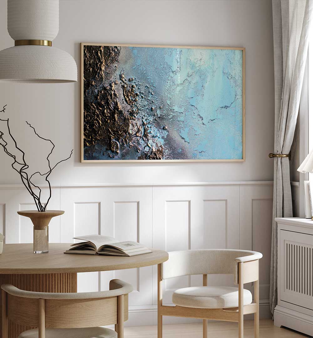 Stunning COASTAL - MISTY WATERS, ABSTRACT PAINTINGS adorn a modern room, showcasing tranquil colors and fluid forms.