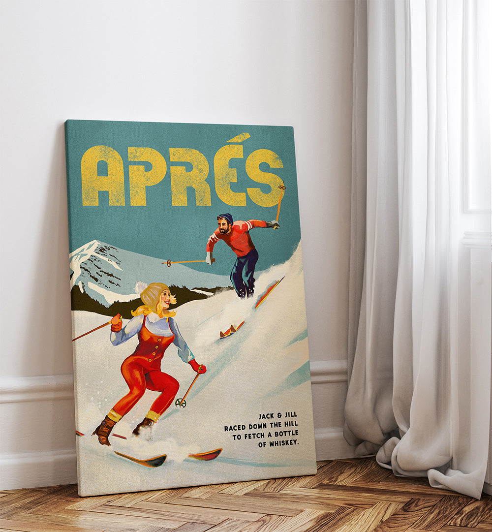 WHISKEY SKI COUPLE , VINTAGE TRAVEL POSTERS