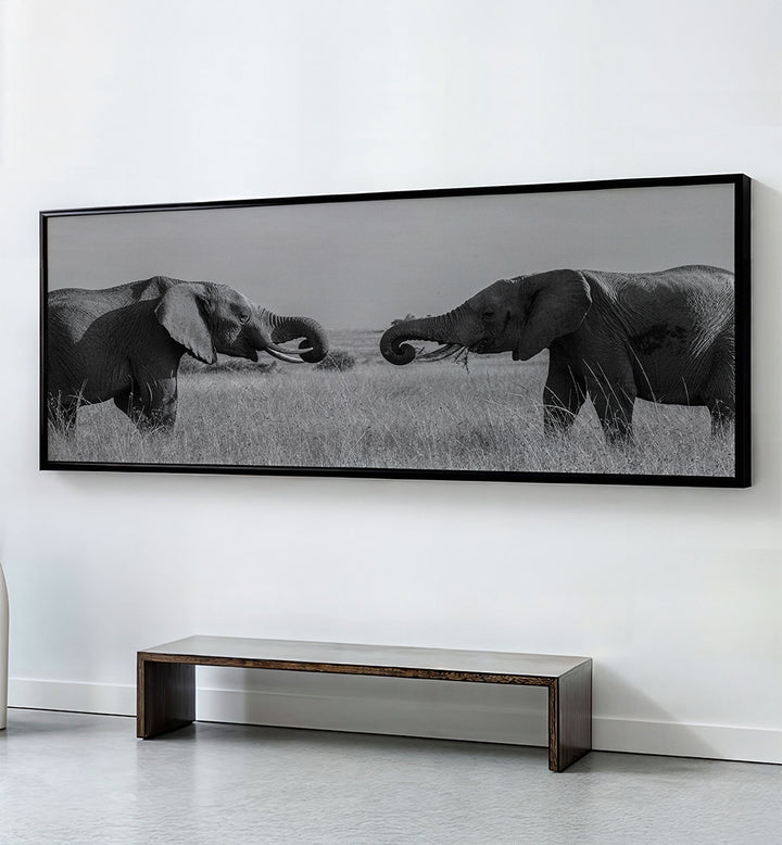 YOUNG ELEPHANTS SHOW OF POWER , PANORAMIC ART
