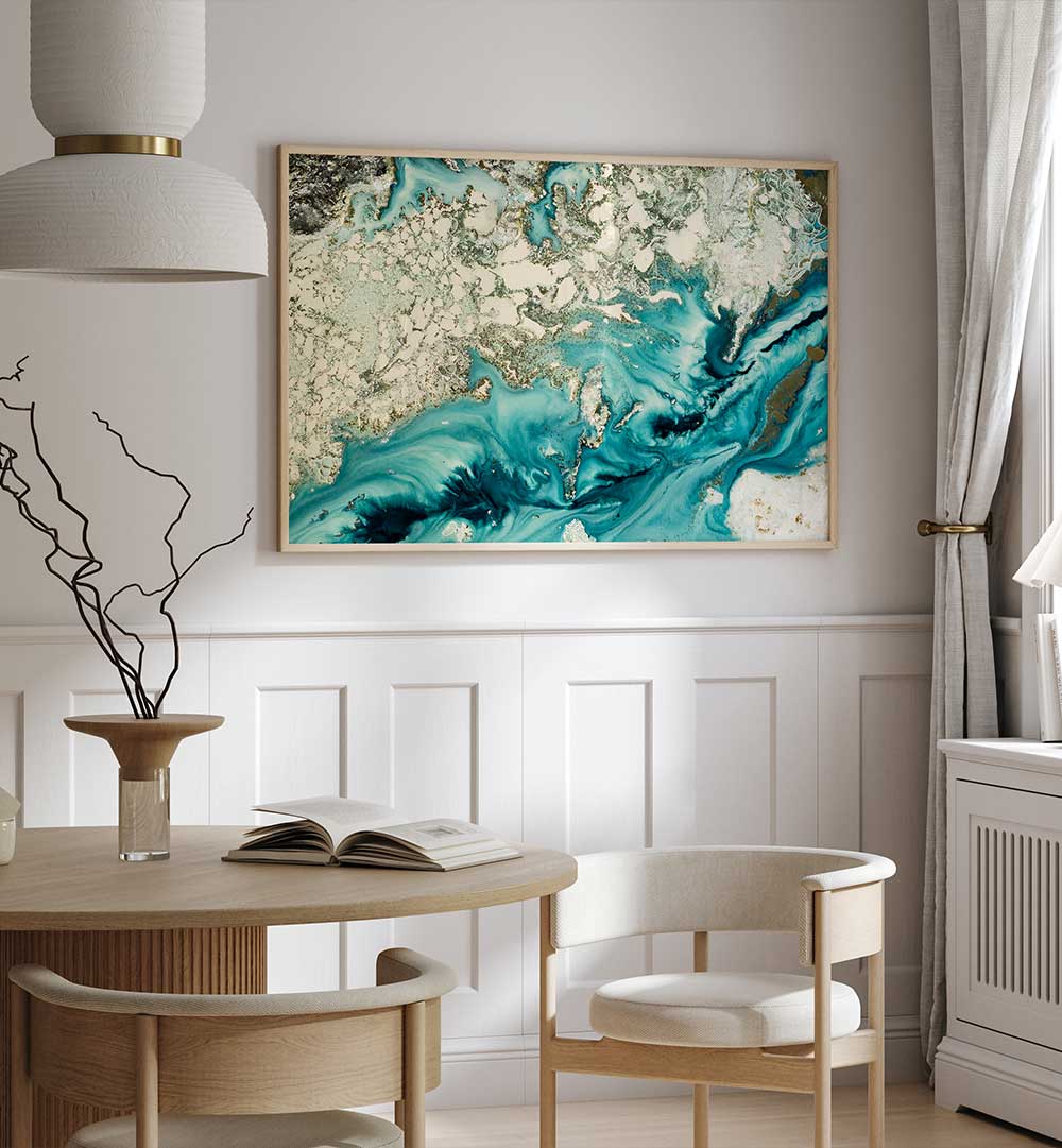Experience tranquility with OCEAN’S ENIGMA, ABSTRACT PAINTINGS, showcasing vibrant ocean hues in your space.
