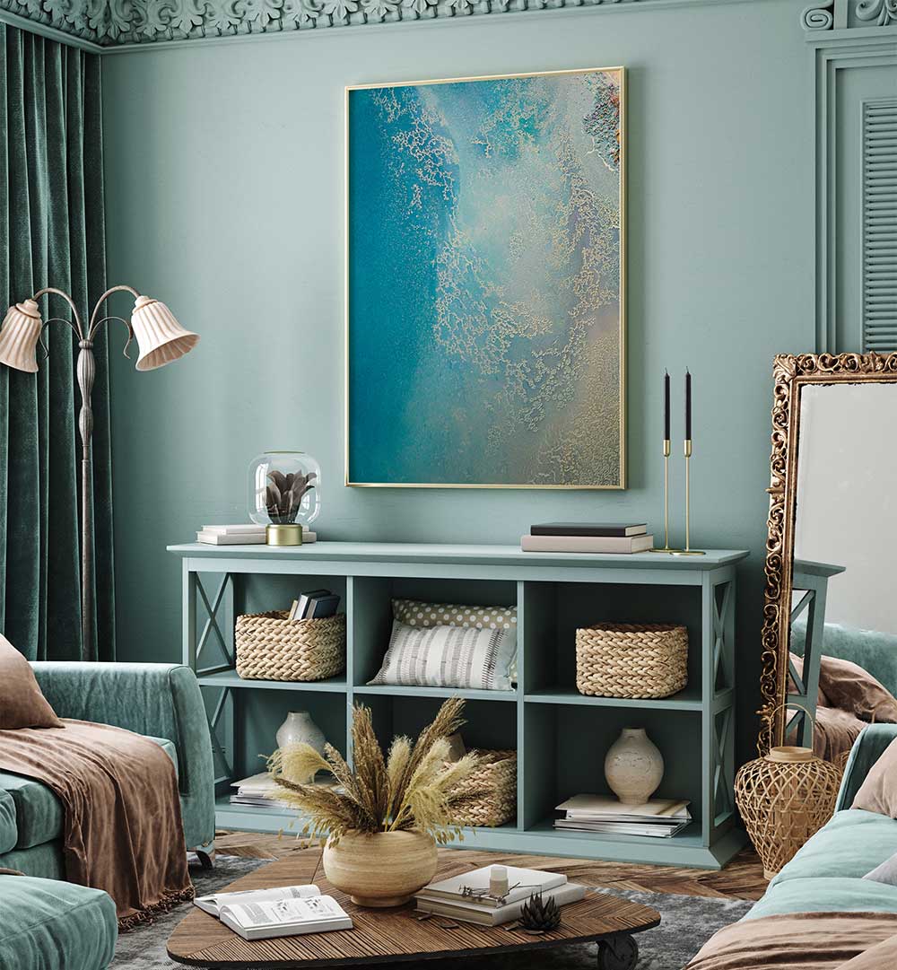 Stunning SOFT SHALLOW WATERS, ABSTRACT PAINTINGS enhance a modern living space with calming hues and fluid designs.