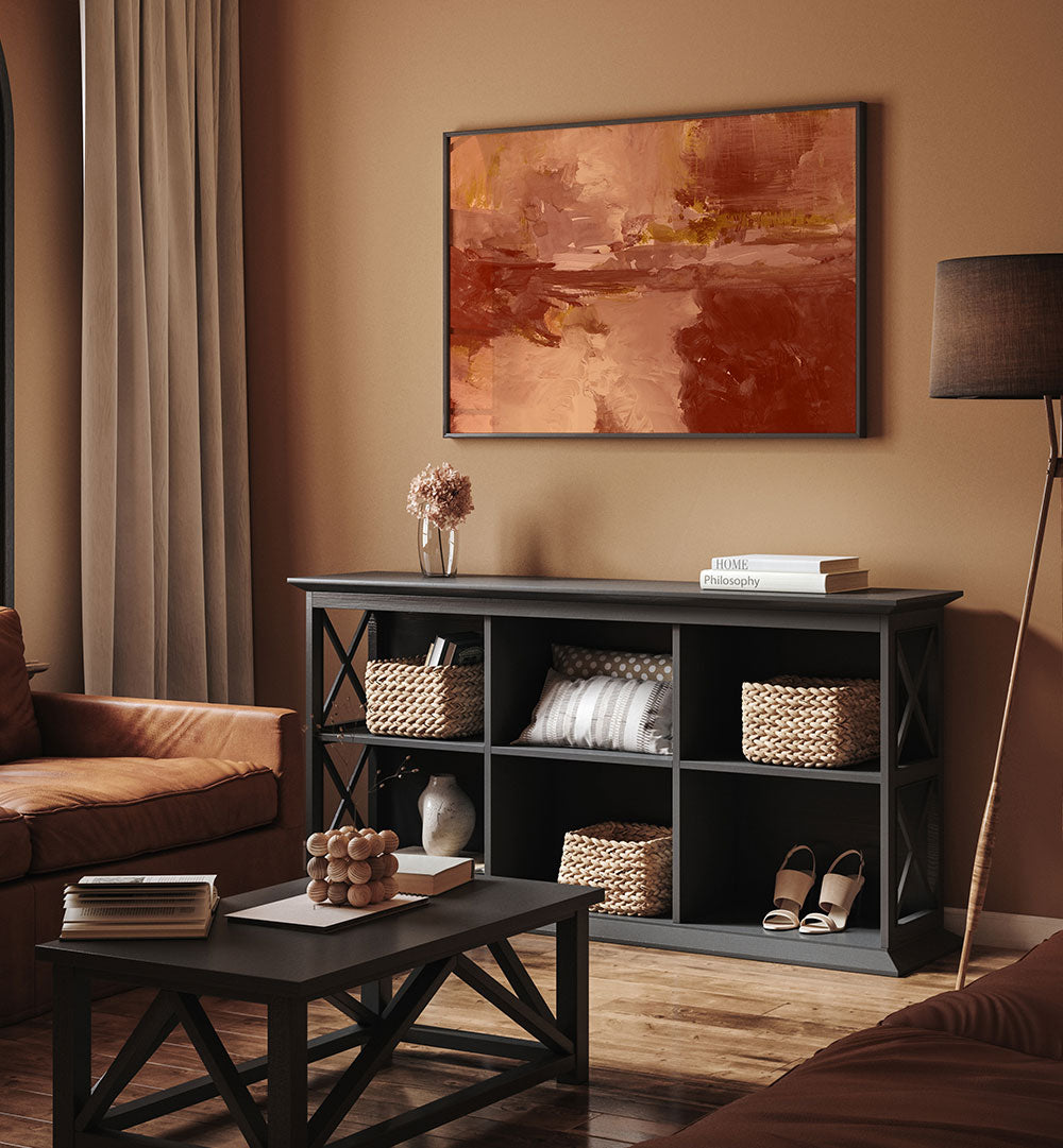 Serene living room featuring "A PEACEFUL PANORAMA, ABSTRACT PAINTINGS" enhancing tranquility and aesthetic appeal.