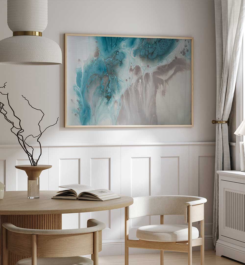 Transform your space with the captivating WITH THE FLOW, ABSTRACT PAINTINGS, featuring stunning teal and beige hues.