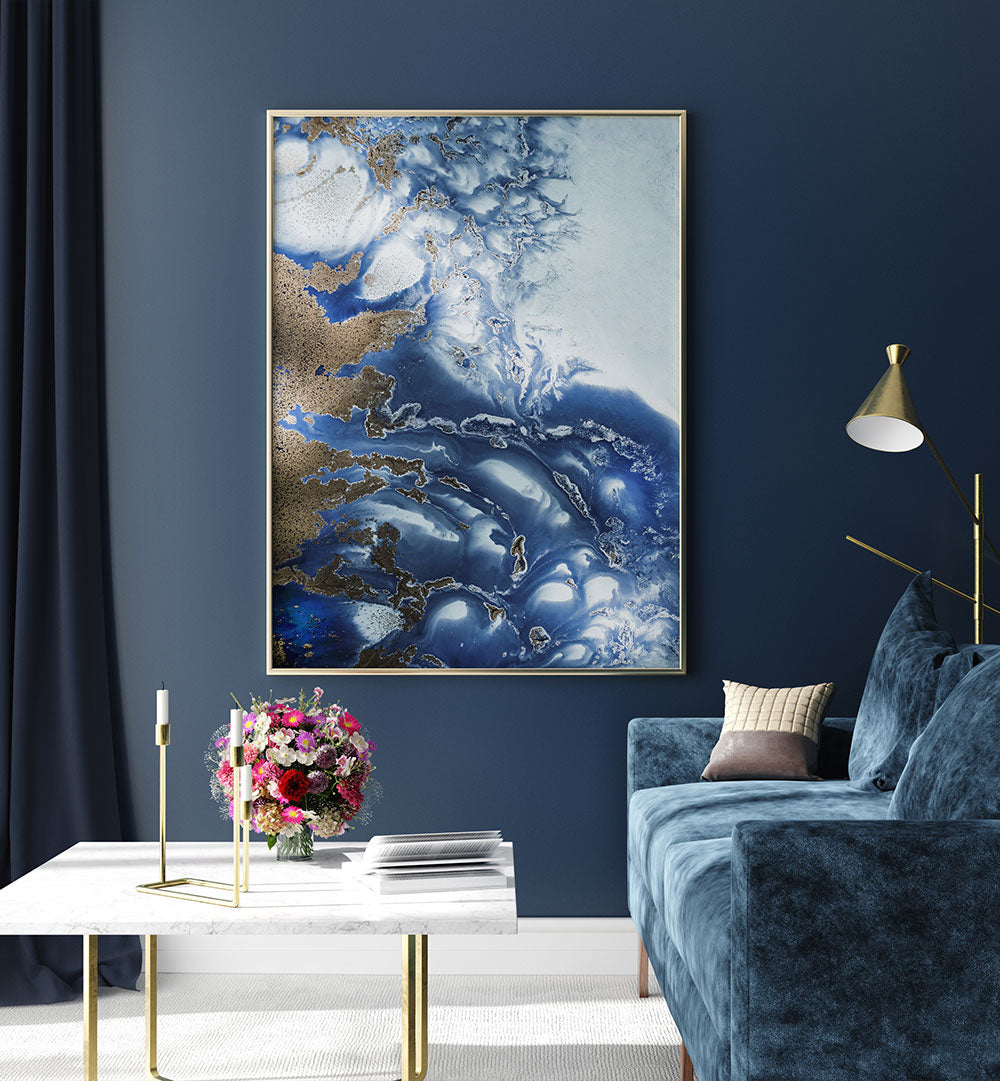 Serene living room showcasing PEACEFUL OCEAN, ABSTRACT PAINTINGS with vibrant colors and calming ocean patterns.