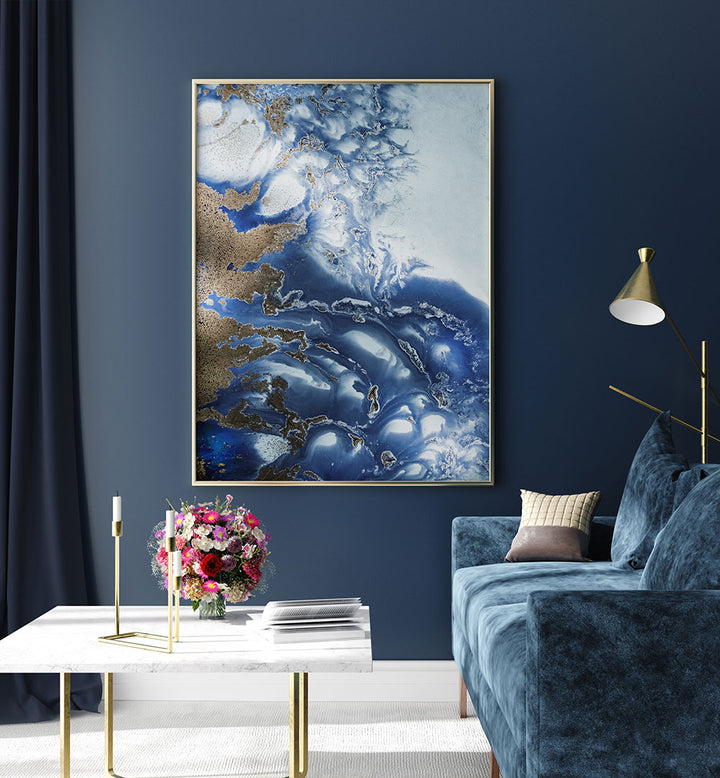 Serene living room showcasing PEACEFUL OCEAN, ABSTRACT PAINTINGS with vibrant colors and calming ocean patterns.