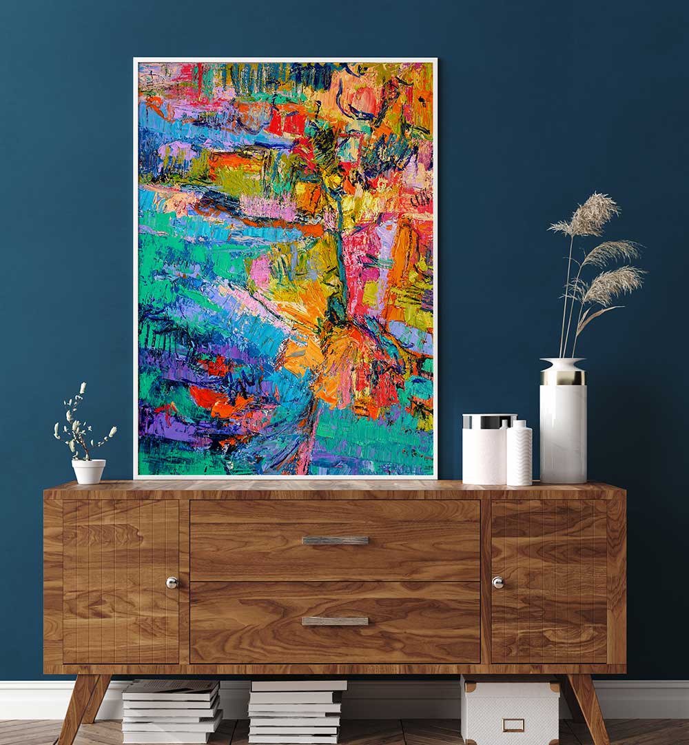 Framed ABSTRACT COLOR PALETTE , ABSTRACT PAINTINGS with vibrant textured brushstrokes over a teal wall for a modern living room