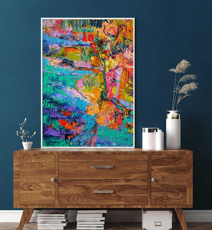 Framed ABSTRACT COLOR PALETTE , ABSTRACT PAINTINGS with vibrant textured brushstrokes over a teal wall for a modern living room