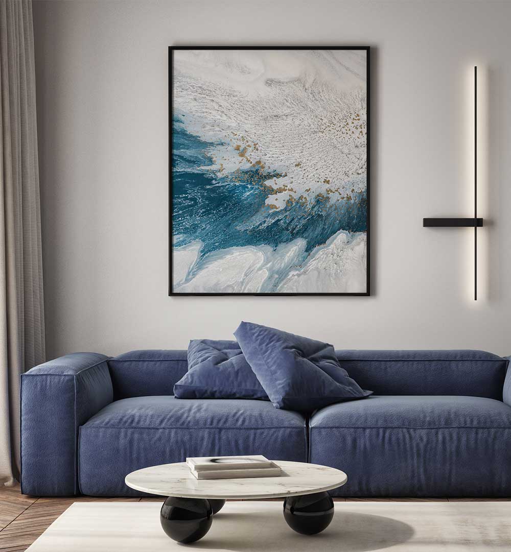 Vibrant DYNAMIC OCEAN FORMS, ABSTRACT PAINTINGS enhancing a modern living space with colorful artistry.