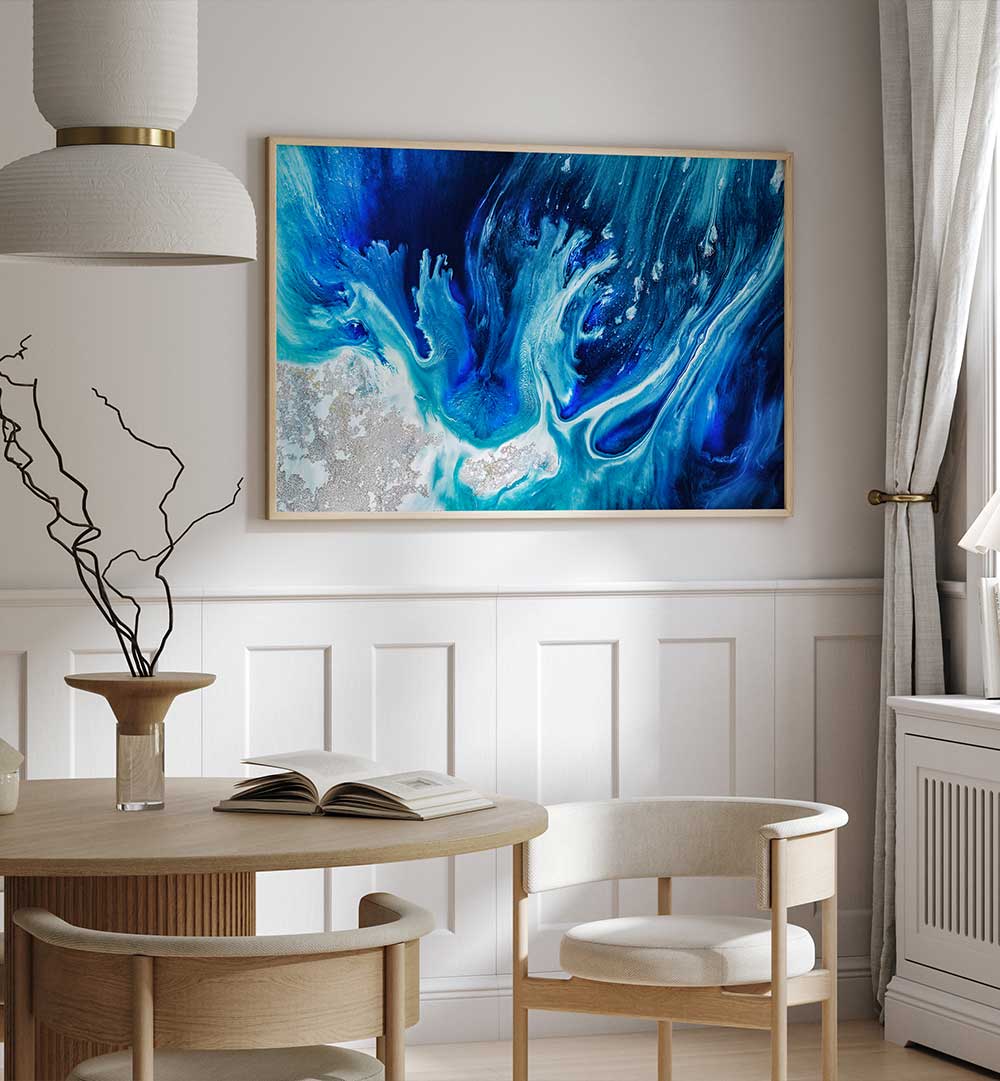 Vibrant blue hues capture the essence of UNDERWATER OCEAN VIBES, ABSTRACT PAINTINGS for a calming home atmosphere.