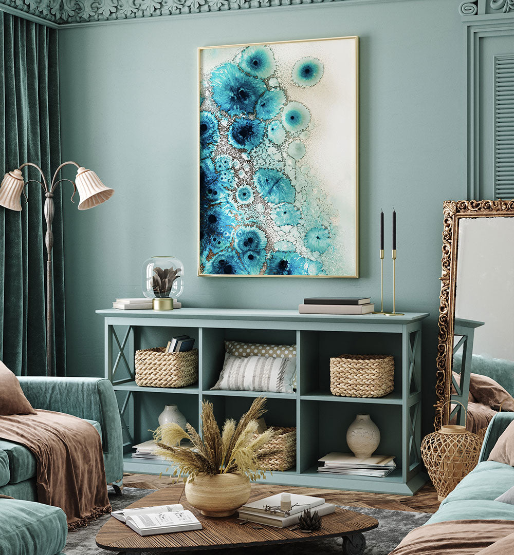 AQUA AURORA III, ABSTRACT PAINTINGS enhance any room with vibrant colors and mesmerizing patterns in stylish decor.