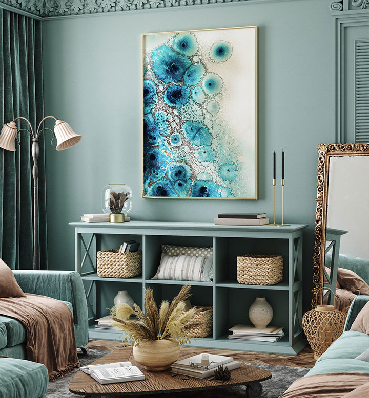 AQUA AURORA III, ABSTRACT PAINTINGS enhance any room with vibrant colors and mesmerizing patterns in stylish decor.