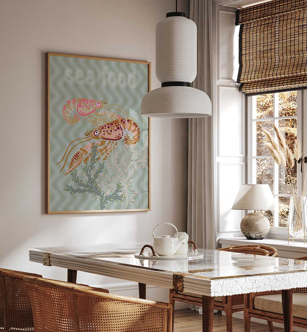 Brightly colored SEA FOOD V, BEACH PAINTINGS adorn a stylish dining area, enhancing coastal living decor beautifully.