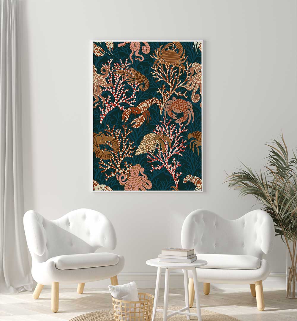 Vibrant CORAL REEF I, BEACH PAINTINGS adorn a modern living space, bringing coastal tranquility indoors.