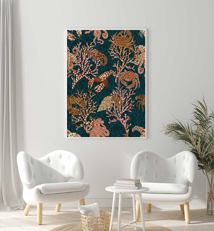 Vibrant CORAL REEF I, BEACH PAINTINGS adorn a modern living space, bringing coastal tranquility indoors.