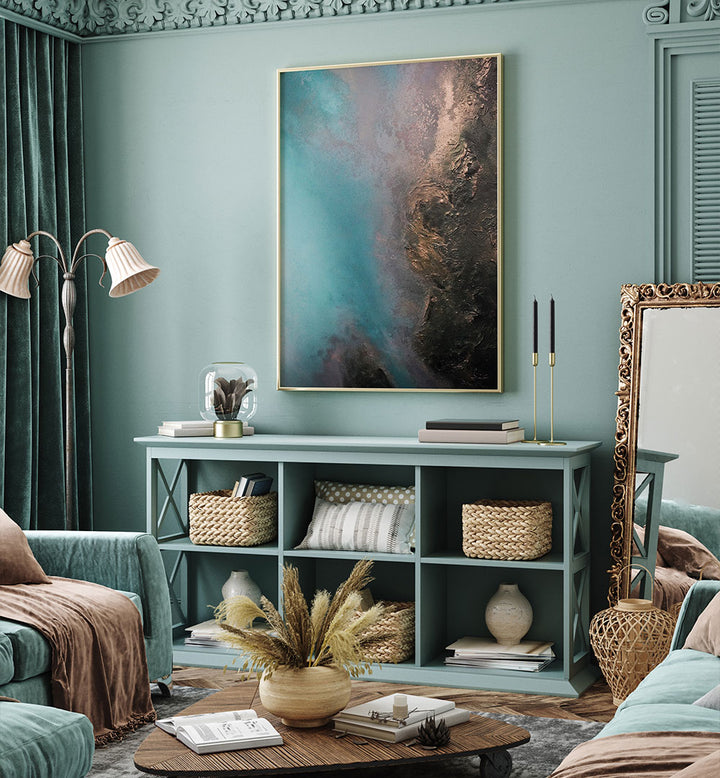 Elegant living room featuring REFLECTIVE - SUNDOWN, ABSTRACT PAINTINGS, enhancing the space with vibrant hues and tranquility.