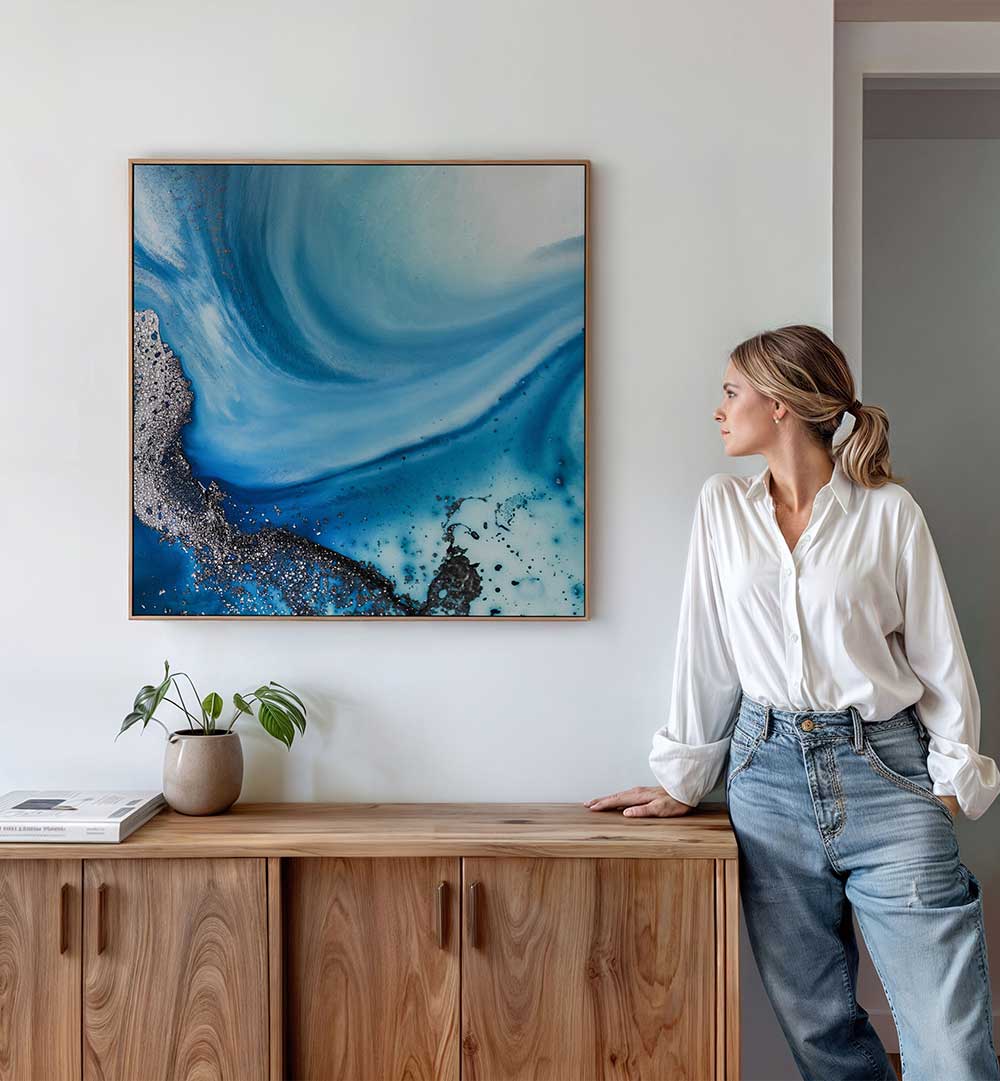 Elevate your home with SHALLOW SEAS II, ABSTRACT PAINTINGS showcasing vibrant blues and calming textures.