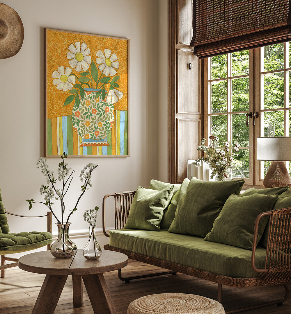 WHITE DAISIES IN A PATTERNED VASE , FLORAL FLOWER PAINTINGS